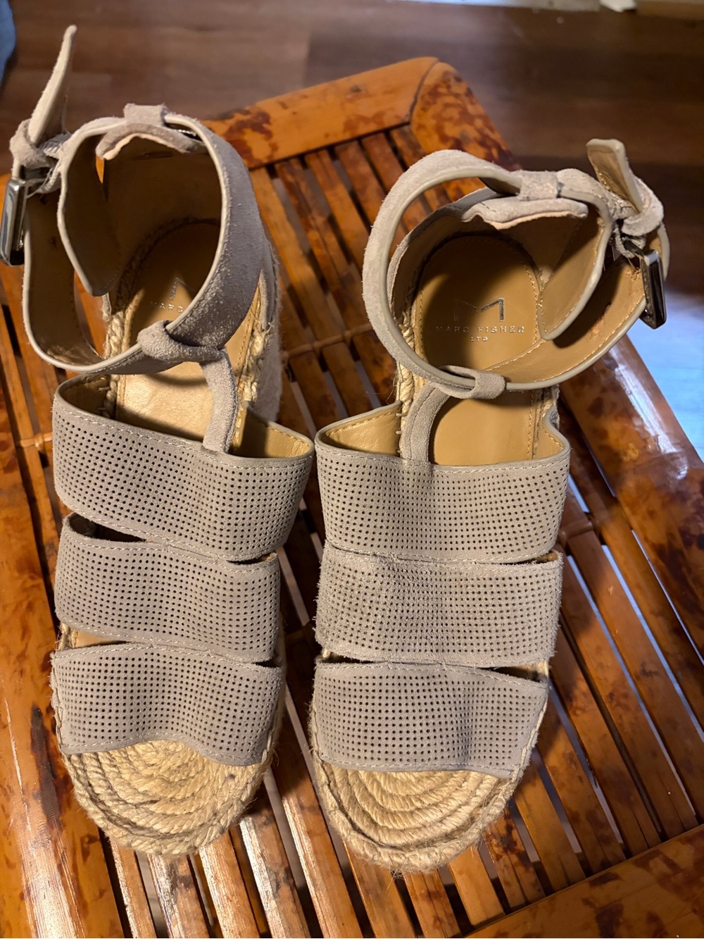 Marc Fisher Taupe Perforated Triple-Strap Espadrille Wedges